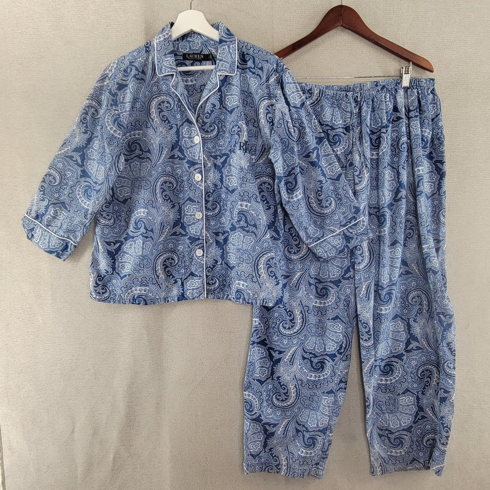 Lauren Ralph Lauren Womens Pajamas 2 Piece Paisley Set Top Pants Size Large Blue